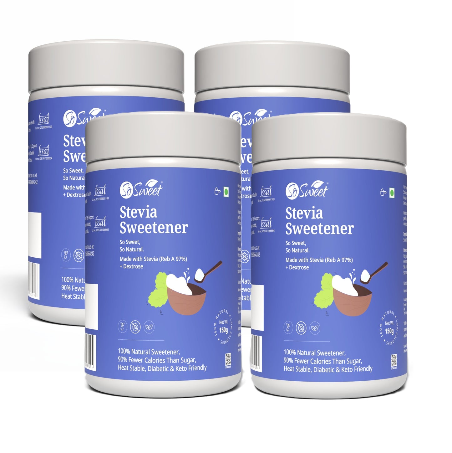 Stevia Sugar Free Sweetener 150gm |-Pack of  4 I Best Diabetes Sugar Alternatives-So Sweet
