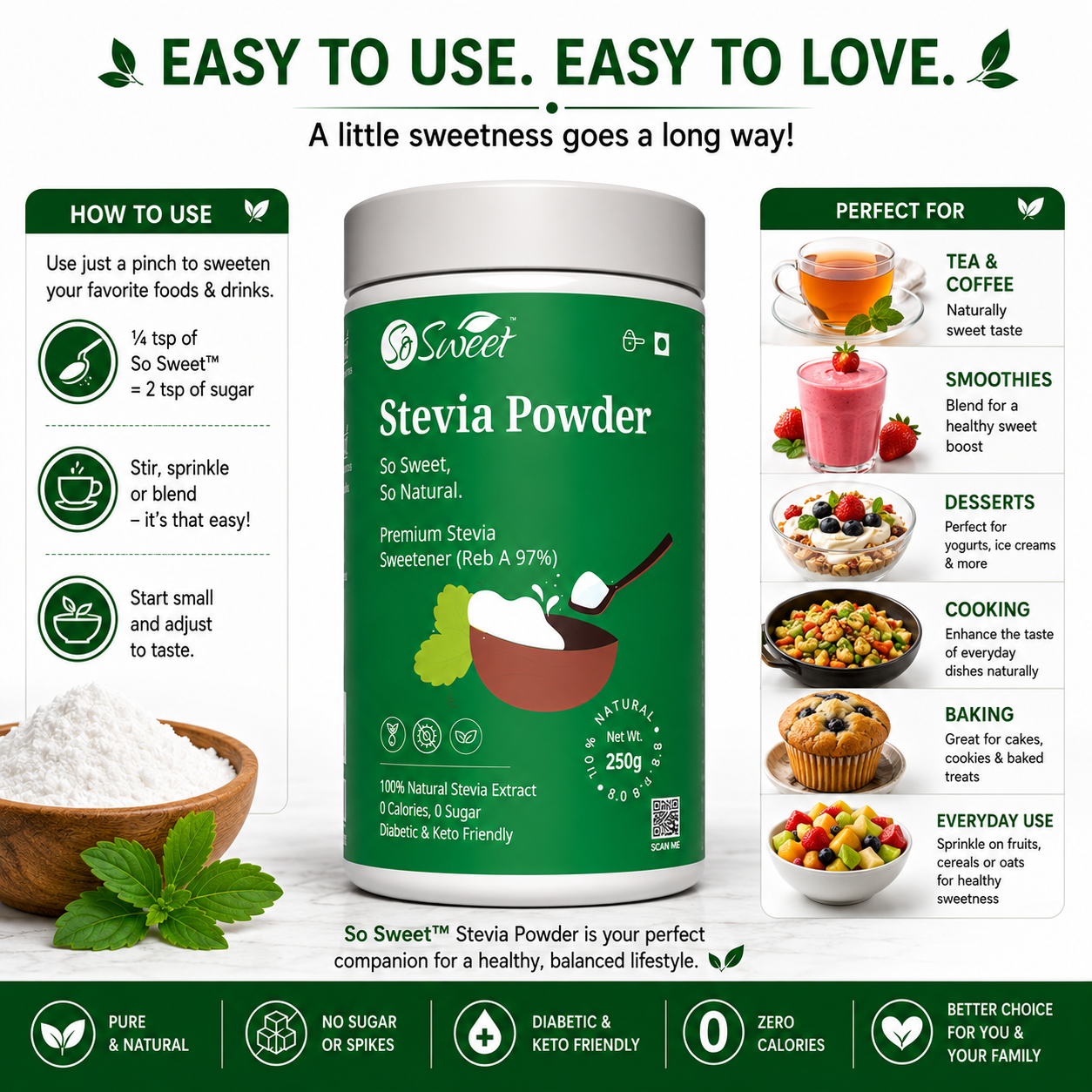 Stevia Powder  Zero Calorie Natural Sugar Free Sweetener -So Sweet