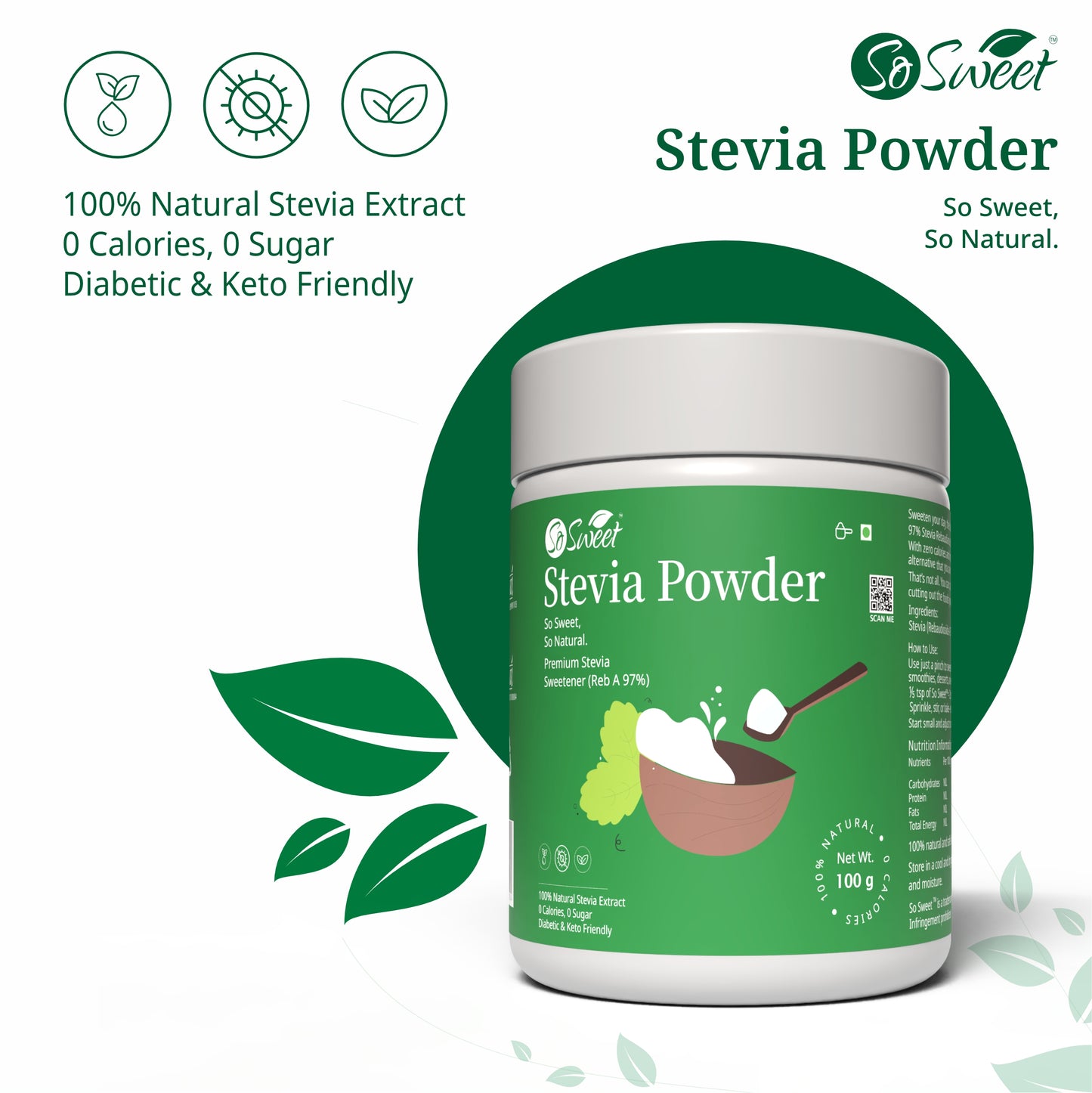 Zero Calorie Stevia Powder | Sugar Free Natural Sweetener-100gm-Pack of 6-So Sweet  
