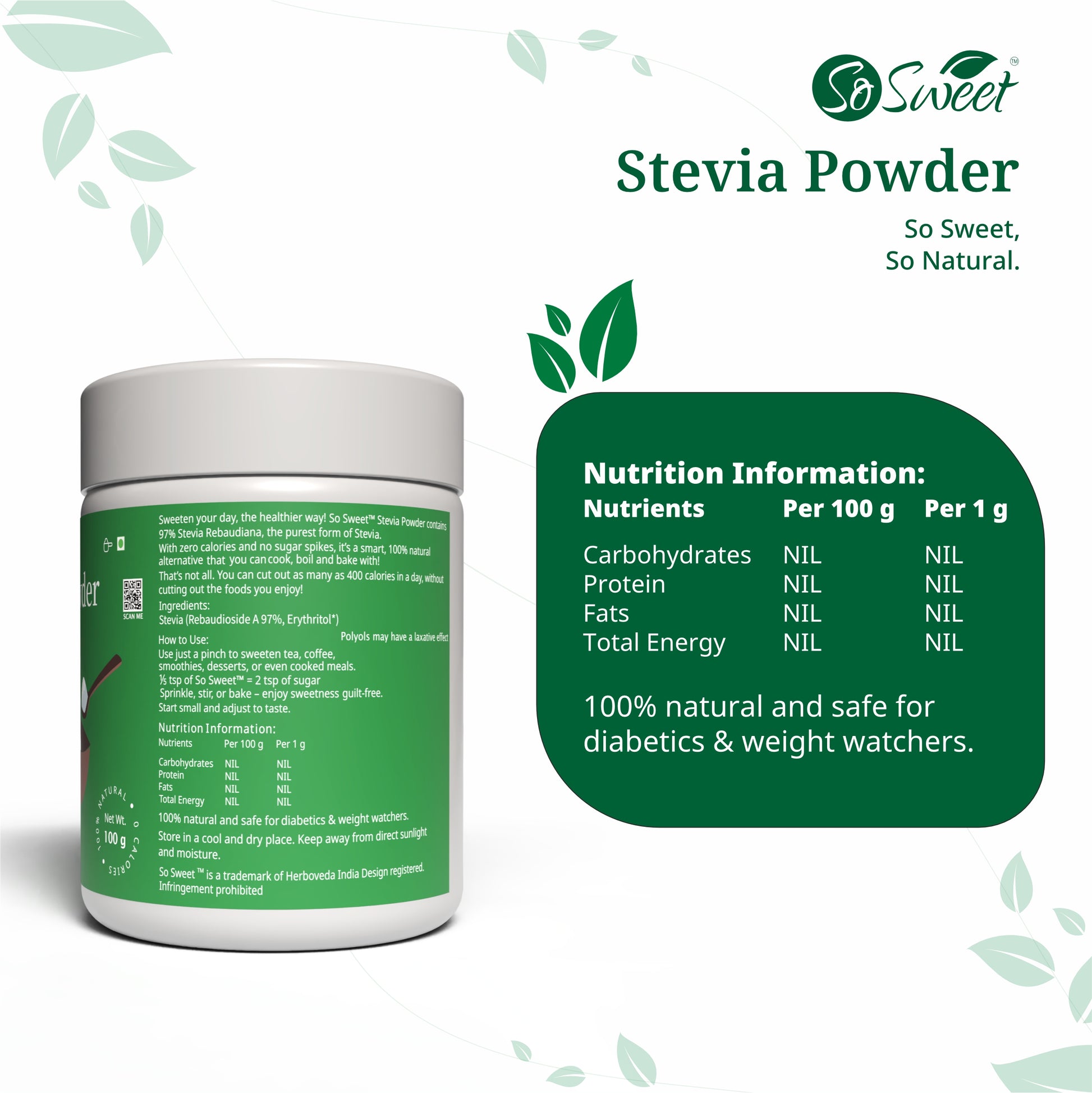 Zero Calorie Stevia Powder | Sugar Free Natural Sweetener-100gm-Pack of 7-So Sweet  
