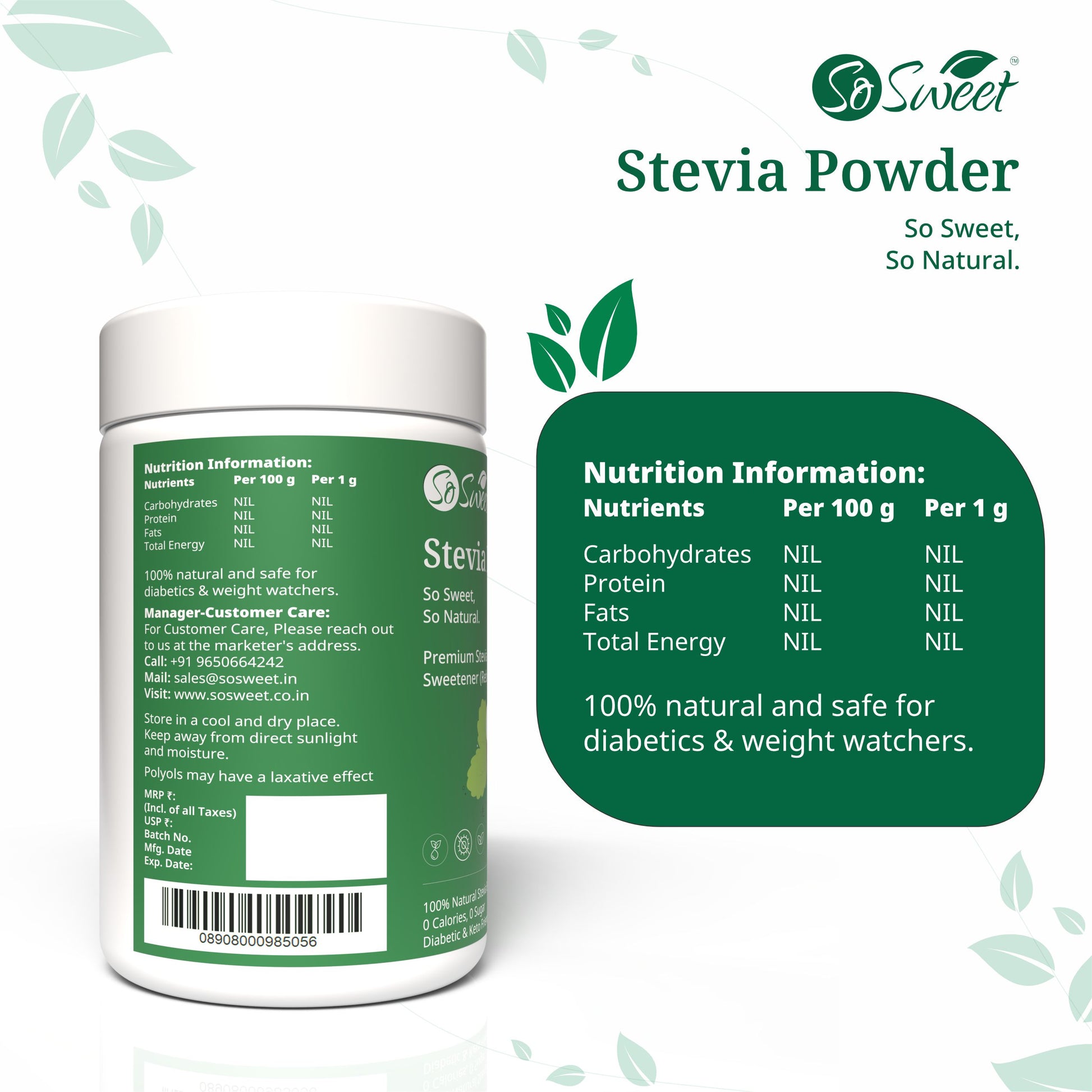 So Sweet Stevia Sugar Free100 %  Natural Zero Calorie Sweetener - 200gm - Keto and Diabetic Friendly Pack of  6- So Sweet 