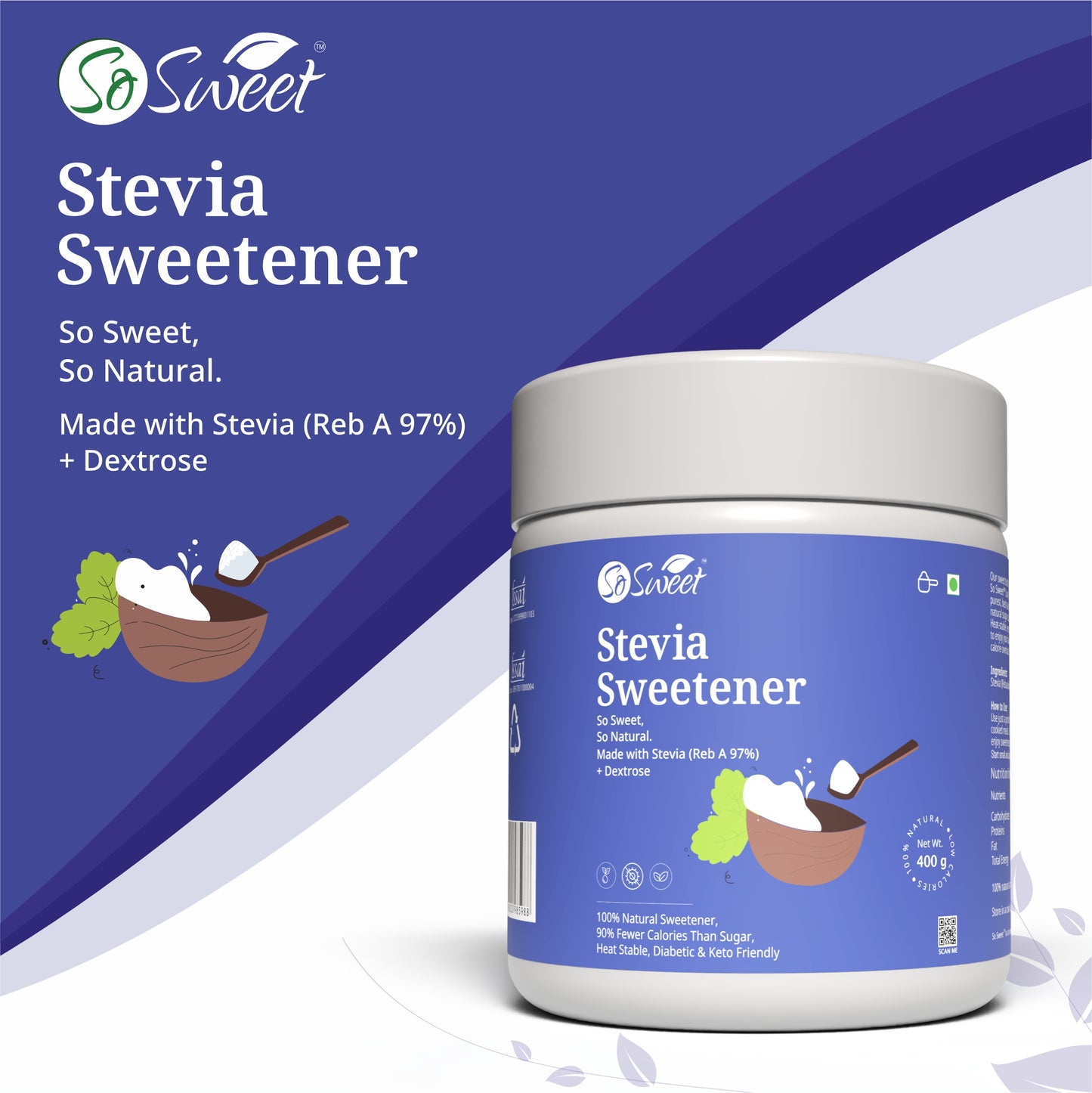 Stevia Sugar Free Natural Low Calories Sweetener 100% Natural 400Gm | Diebetic Friendly  Pack of 4 -So Sweet
