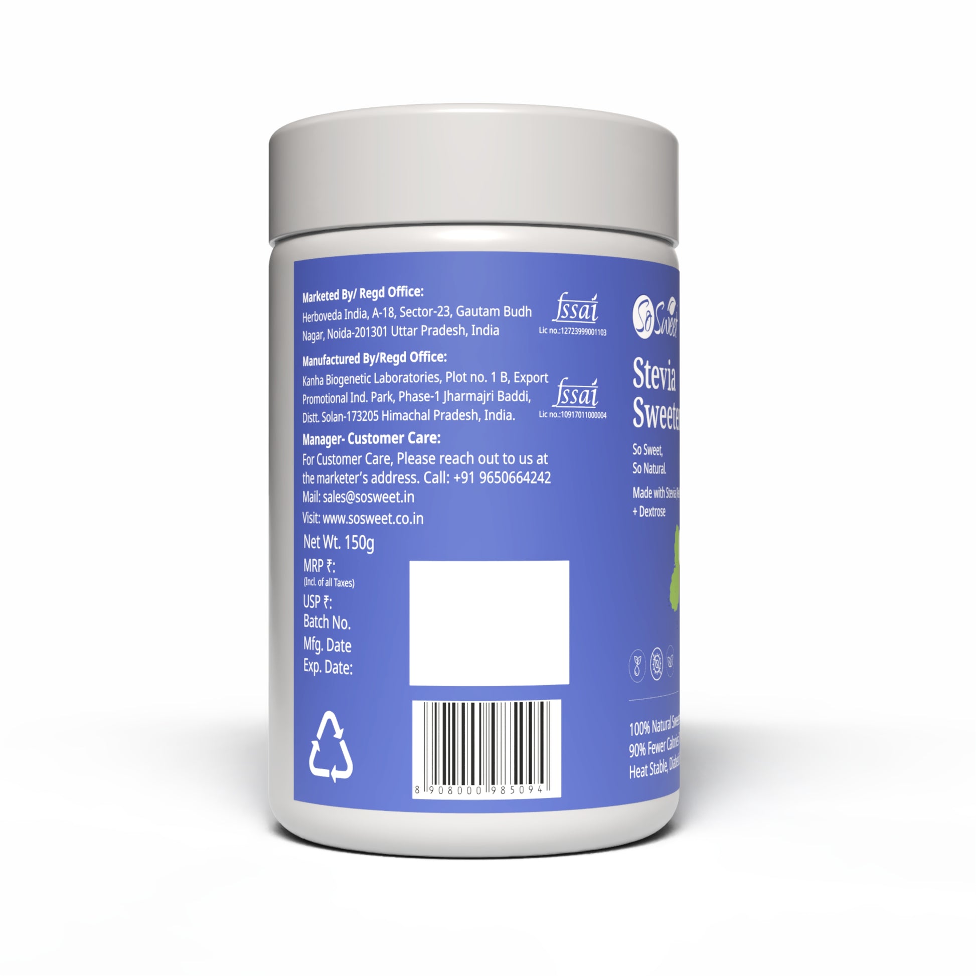 Stevia Sugar Free Sweetener 150gm |-Pack of  5 I Best Diabetes Sugar Alternatives-So Sweet
