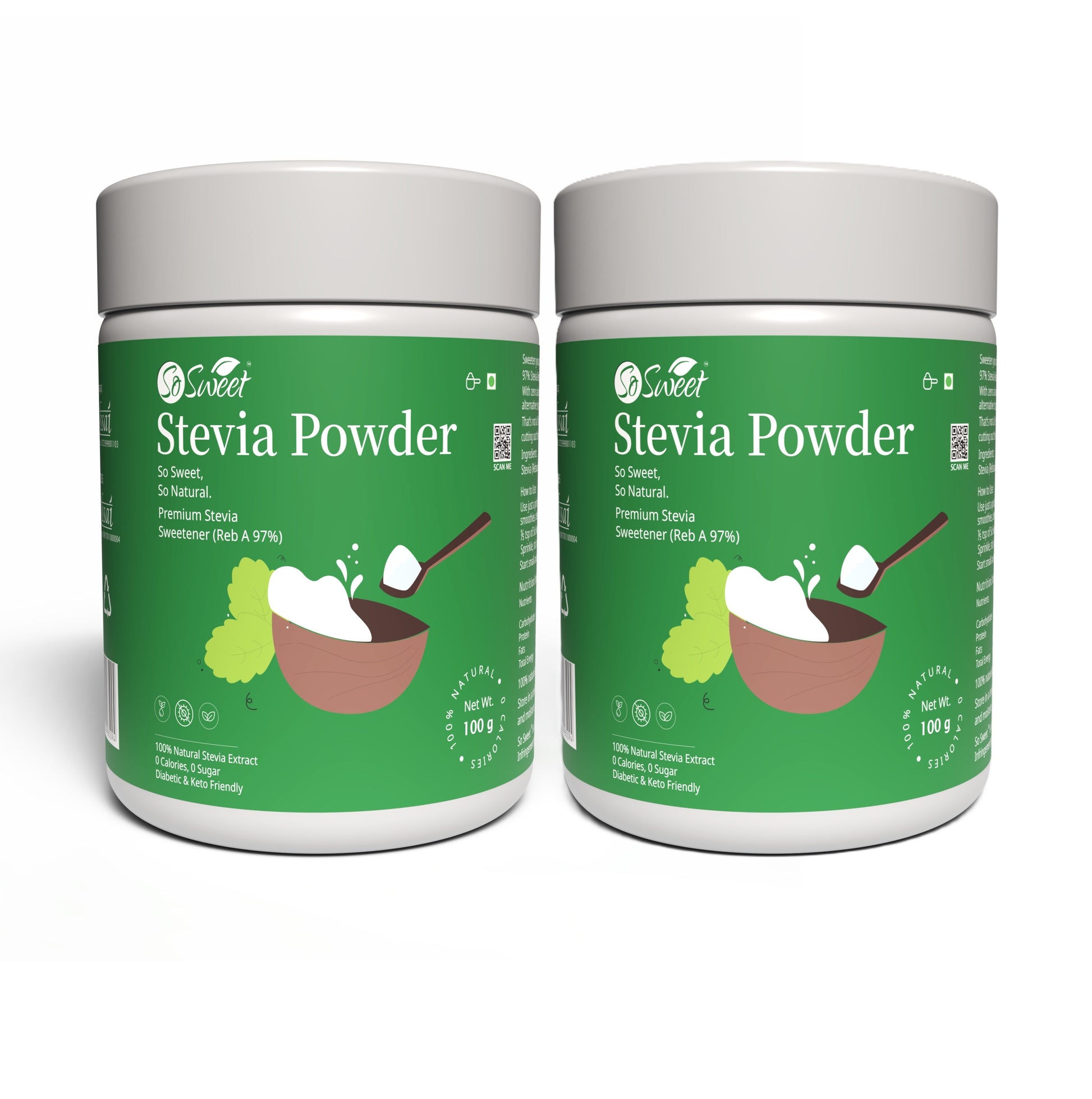 Zero Calorie Stevia Powder | Sugar Free Natural Sweetener-100gm-Pack of 2-So Sweet  
