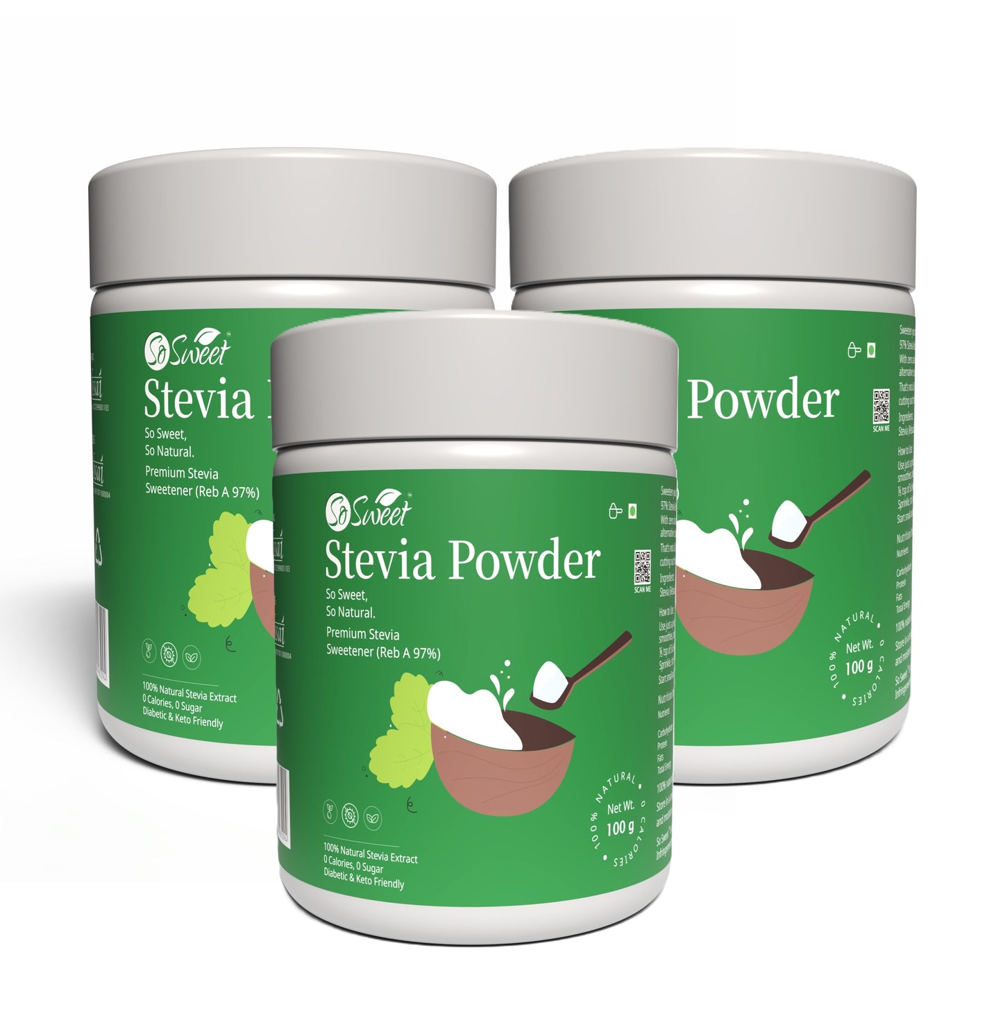 
Zero Calorie Stevia Powder | Sugar Free Natural Sweetener-100gm-Pack of 3-So Sweet  
