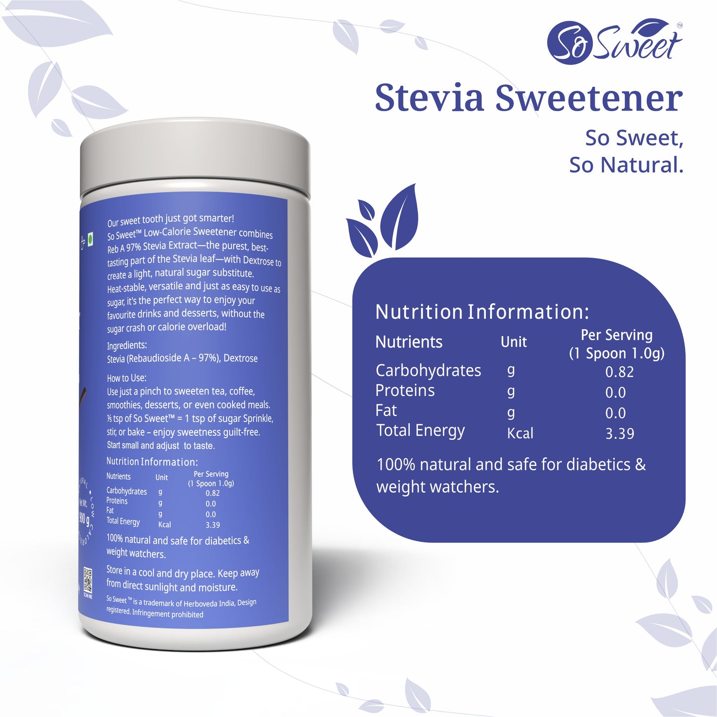 Stevia Powder   100% Natural Low Calories Sugar Free Sweetener -900gm-Pack of 4-So Sweet 
