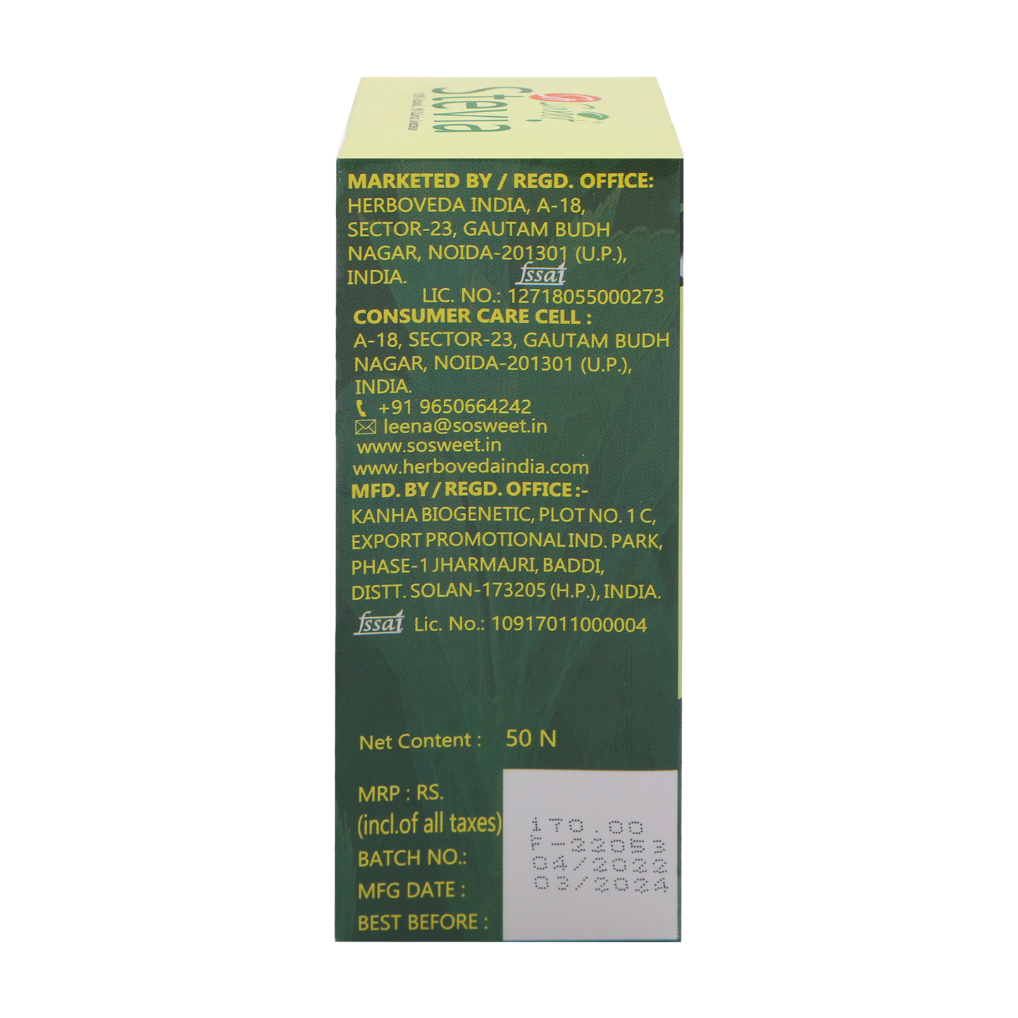 Stevia sachet  100 %Sugar Free Natural Zero Calorie Sweeneter - So Sweet
