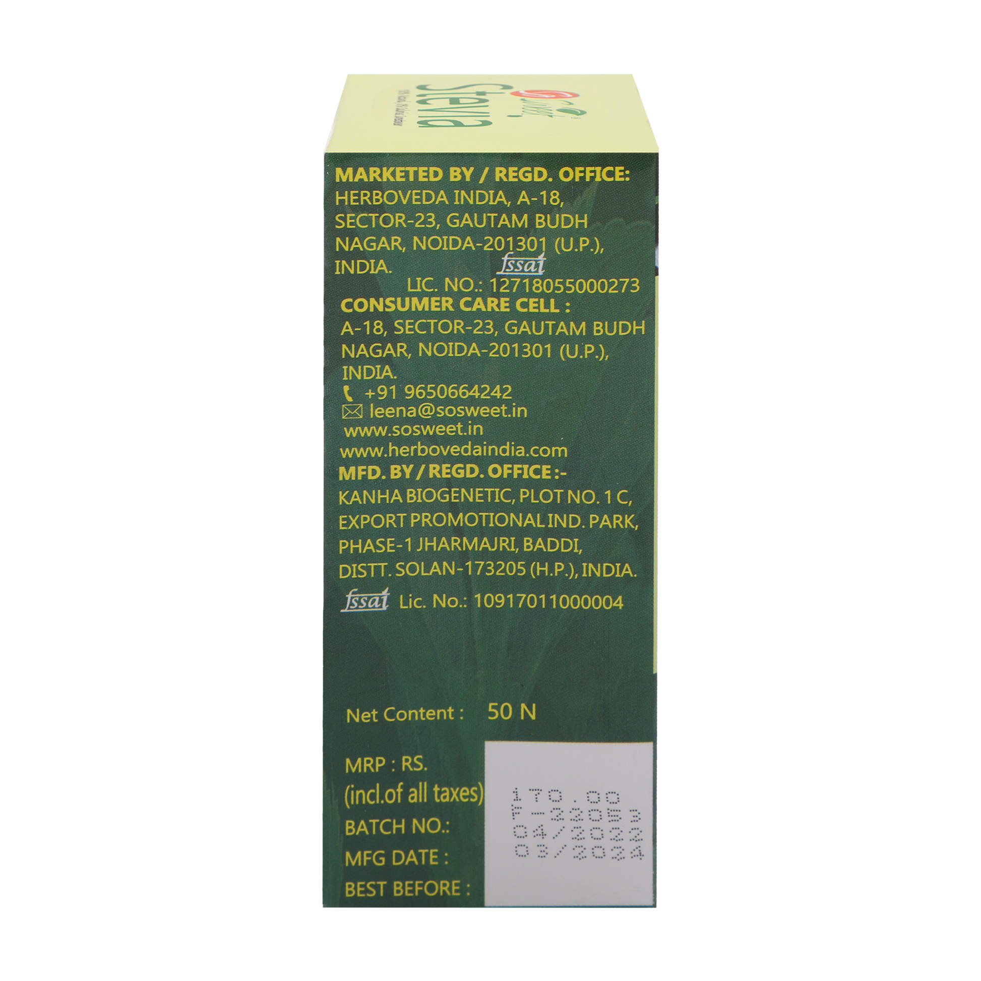 Stevia sachet  100 %Sugar Free Natural Zero Calorie Sweeneter - So Sweet