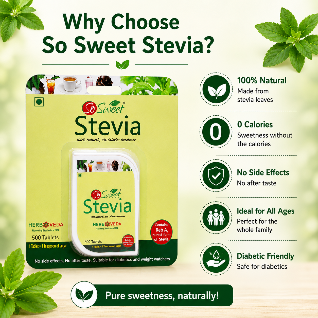  Stevia  Tablet Dispenser – Natural Zero Calorie Sugar Free Sweetener -So Sweet 