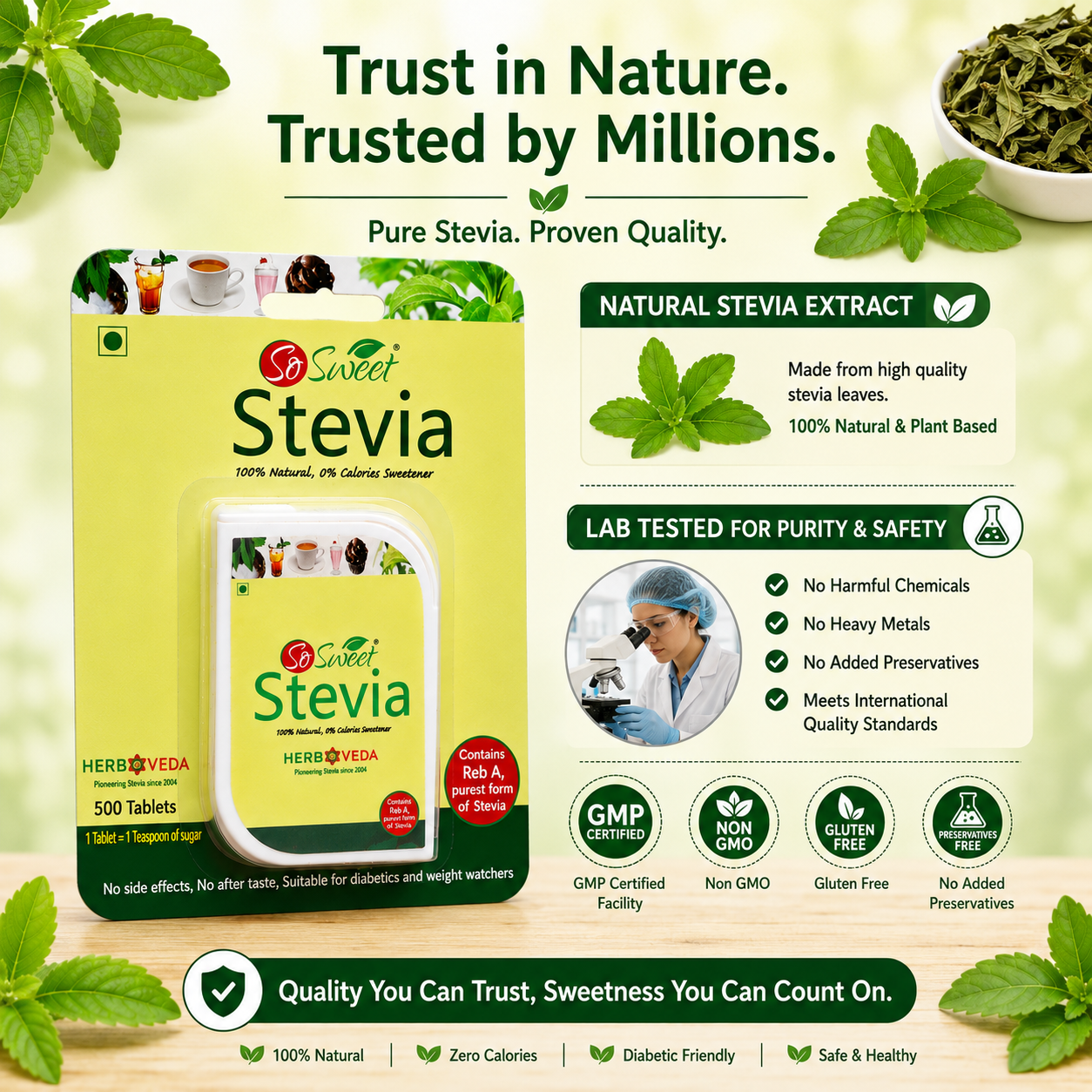  Stevia Tablets Natural Zero Calorie Sugar Free Sweetener -So Sweet

