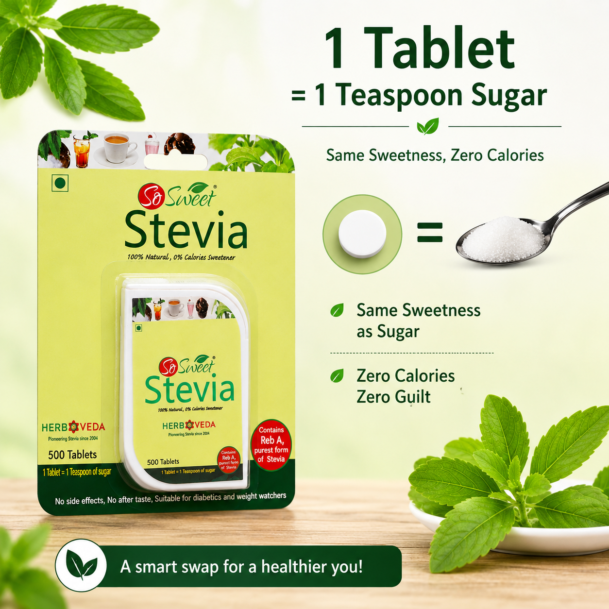  Stevia Tablets Natural Zero Calorie Sugar Free Sweetener -So Sweet
