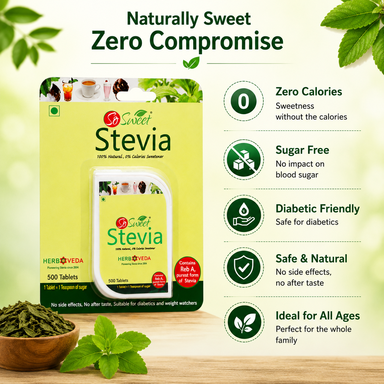  Stevia Tablets  Natural Zero Calorie Sugar Free Sweetener -So Sweet
