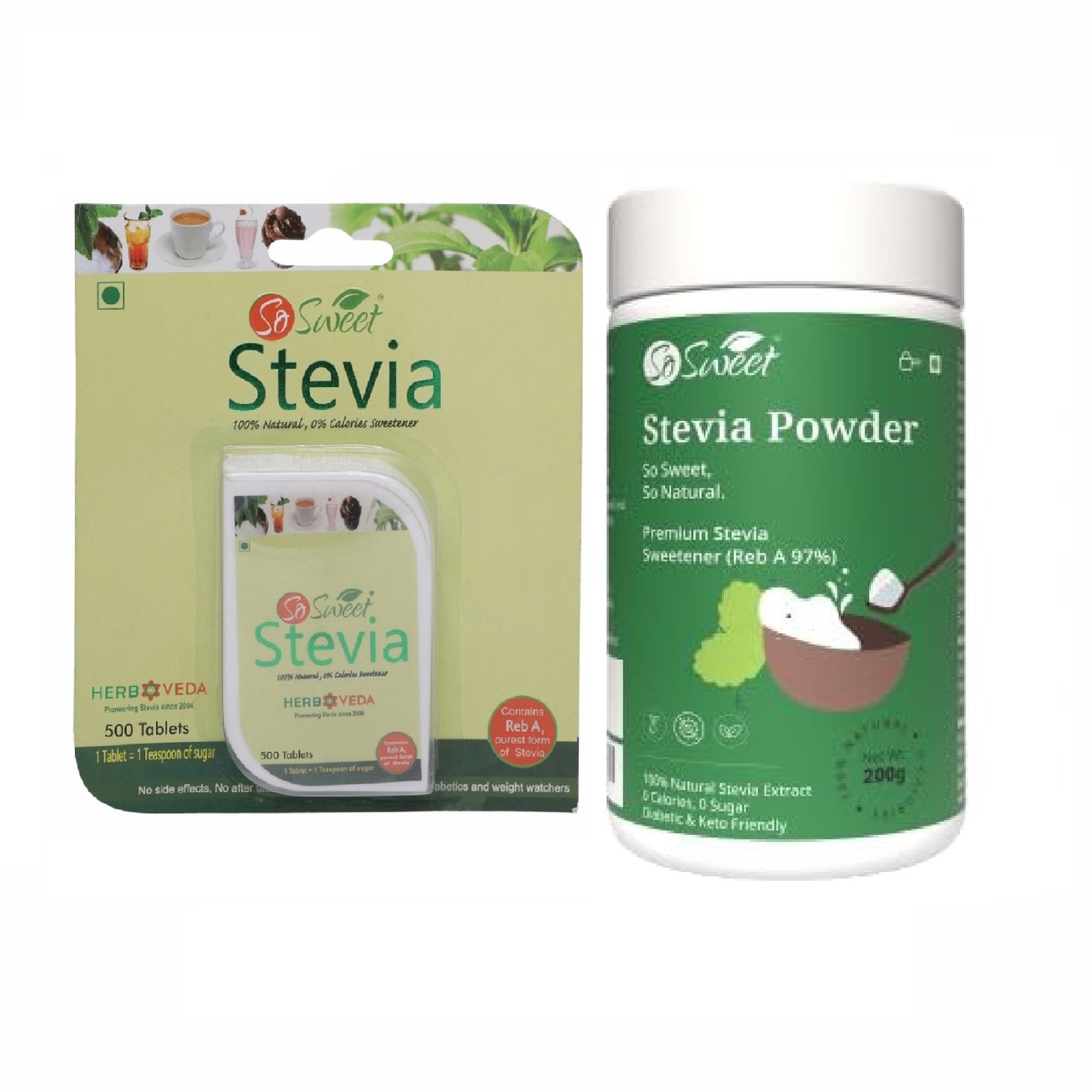 So Sweet Stevia 500 Tablets + Powder 200gm Zero Calorie Natural Sweetener Pack of 2
