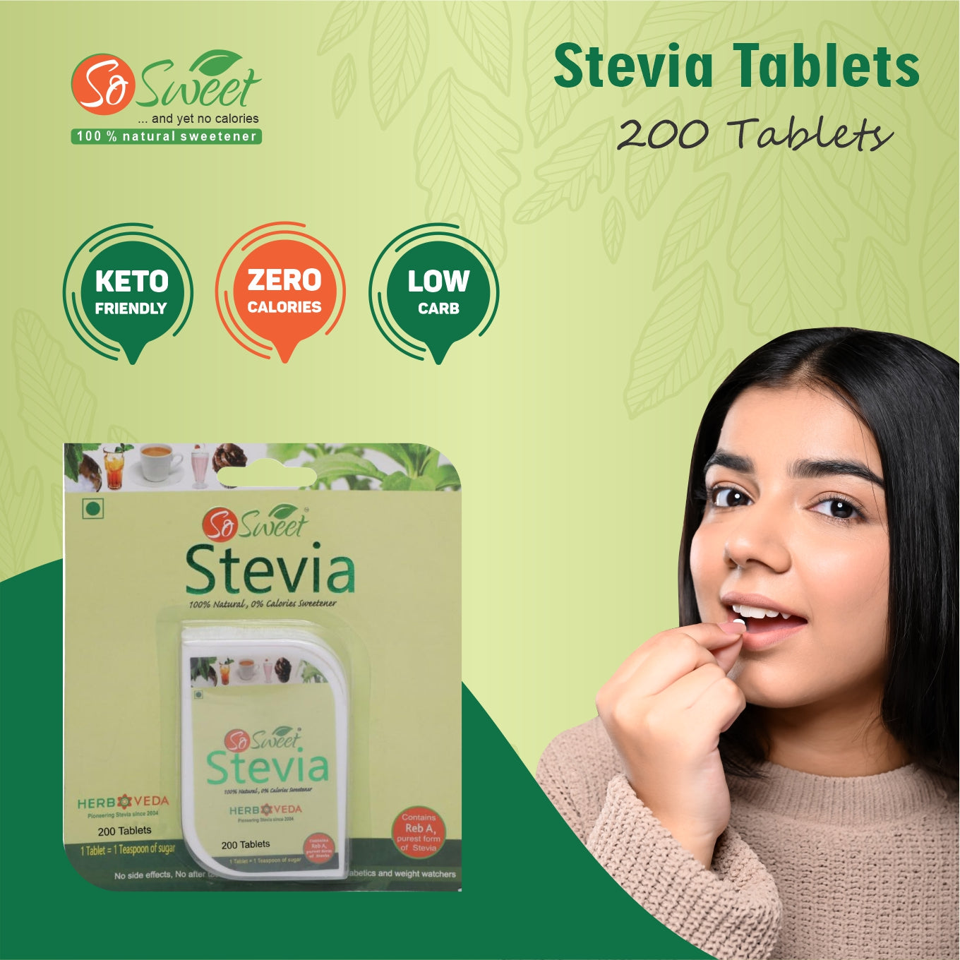 Stevia Tablet 200 Sugar Free Natural Zero Calorie Sweetener - So Sweet- 