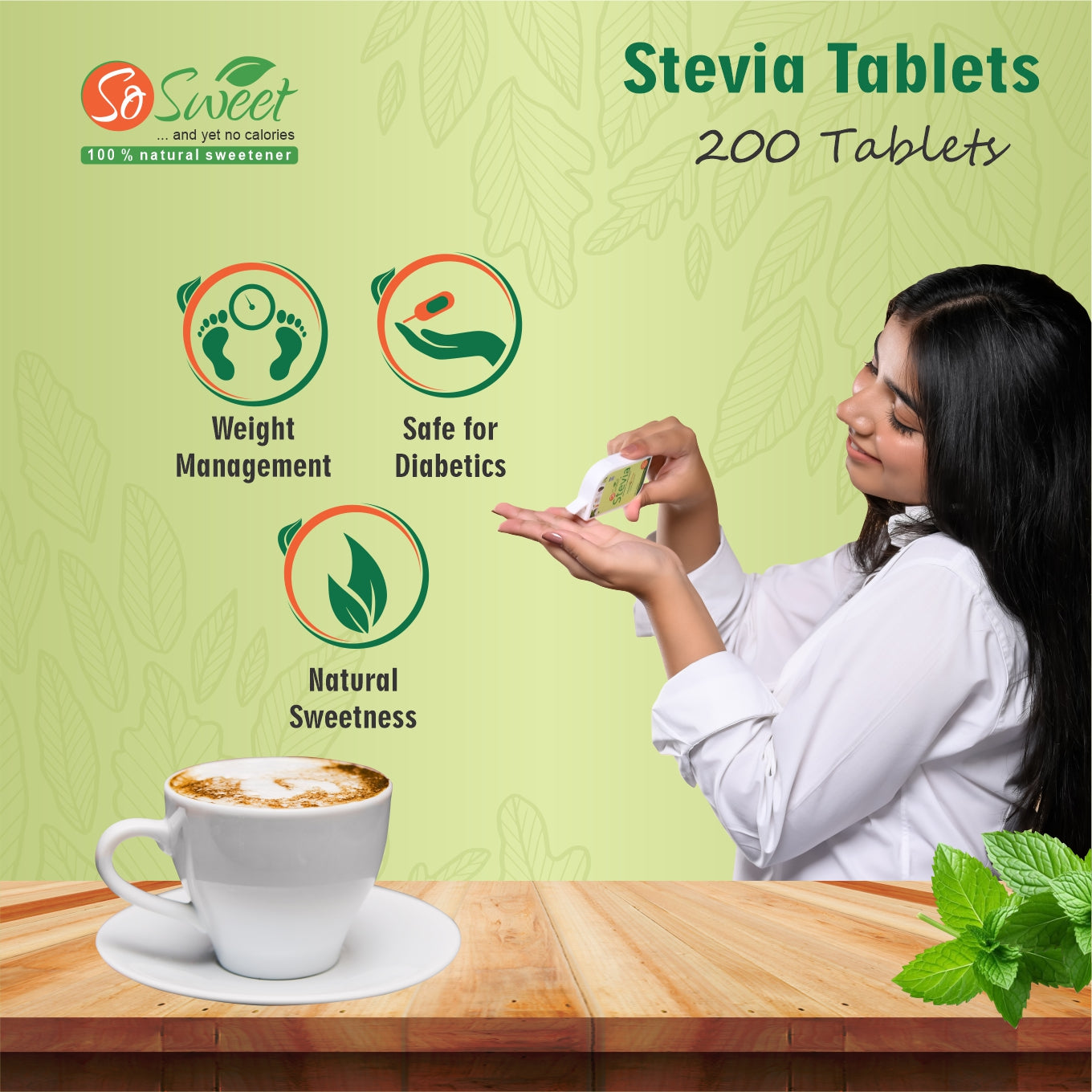  Stevia Tablet 200 Sugar Free Natural Zero Calorie Sweeneter- So Sweet