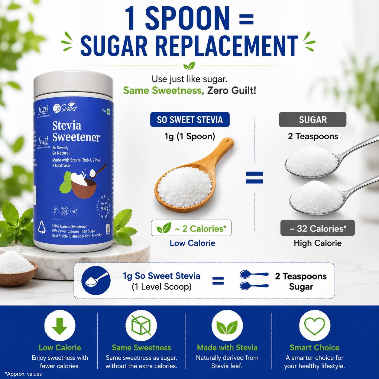 So Sweet Stevia Powder 900gm – 100% Natural Sugar-Free Sweetener