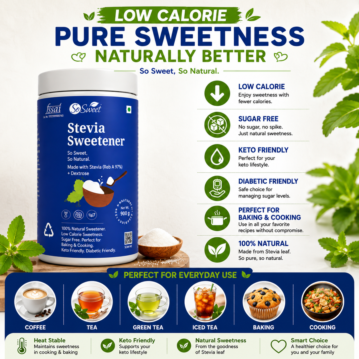 So Sweet Stevia Powder 900gm – 100% Natural Sugar-Free Sweetener
