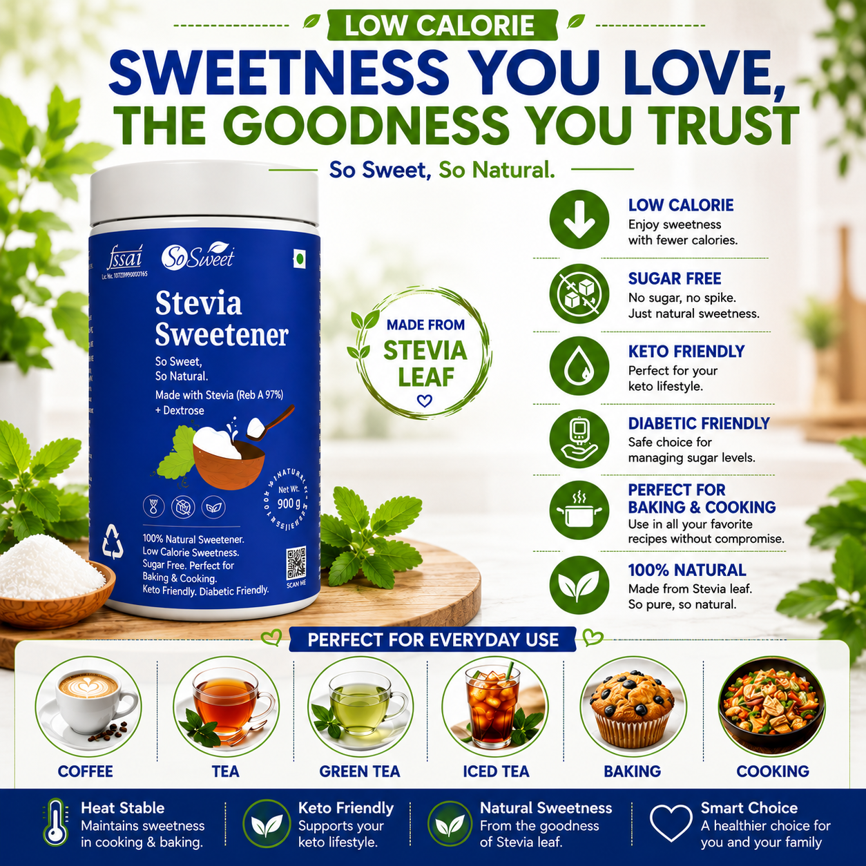 So Sweet Stevia Powder 900gm – 100% Natural Sugar-Free Sweetener