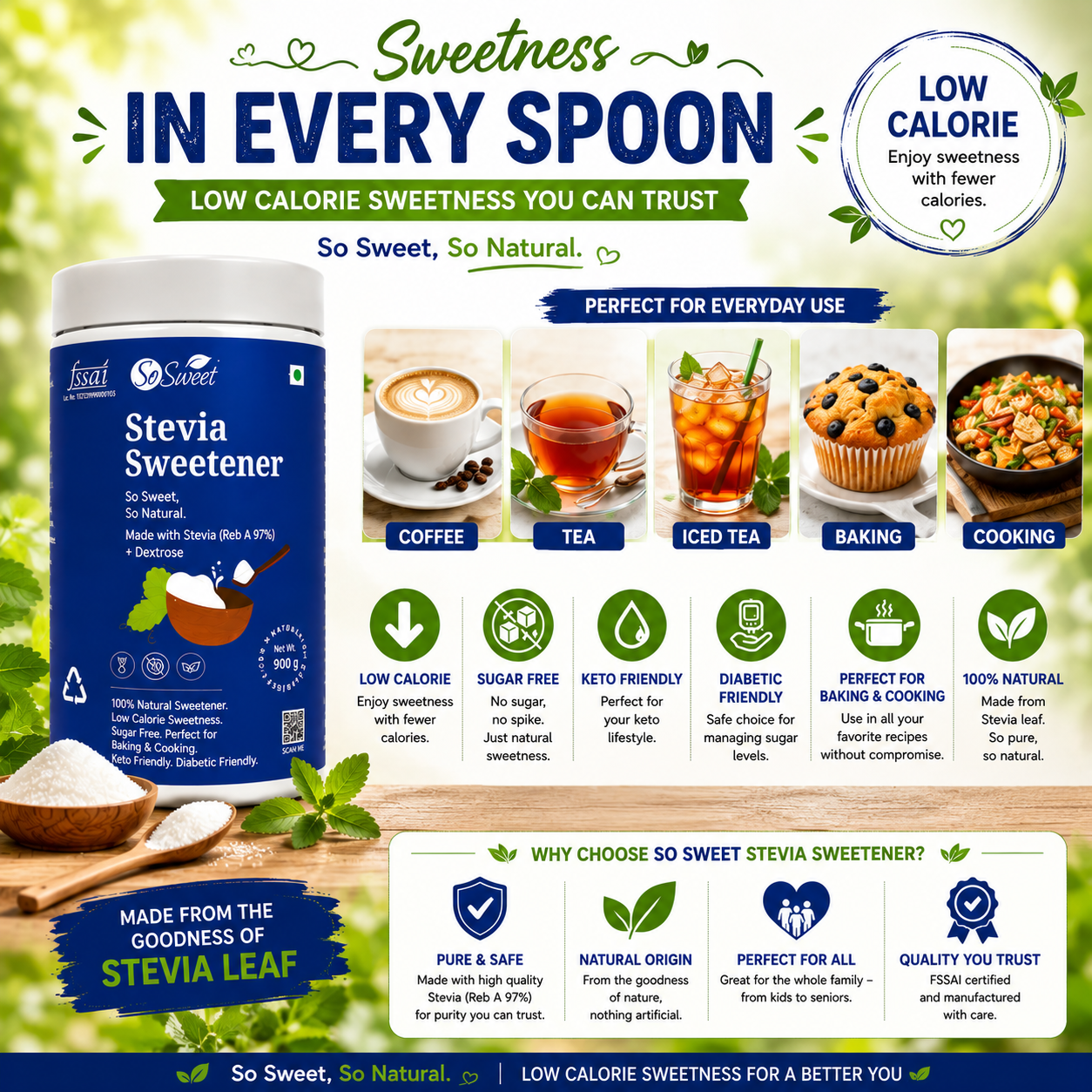 So Sweet Stevia Powder 900gm – 100% Natural Sugar-Free Sweetener