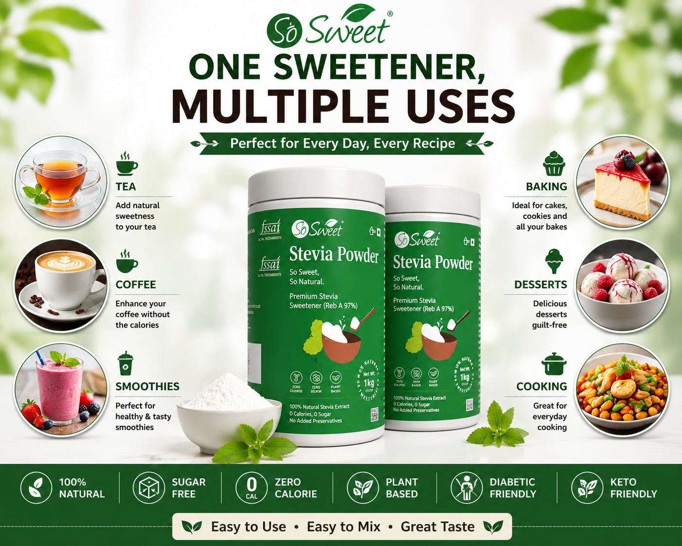  Stevia Powder| Zero Calorie Natural Sugar Free Sweetener-So Sweet 
