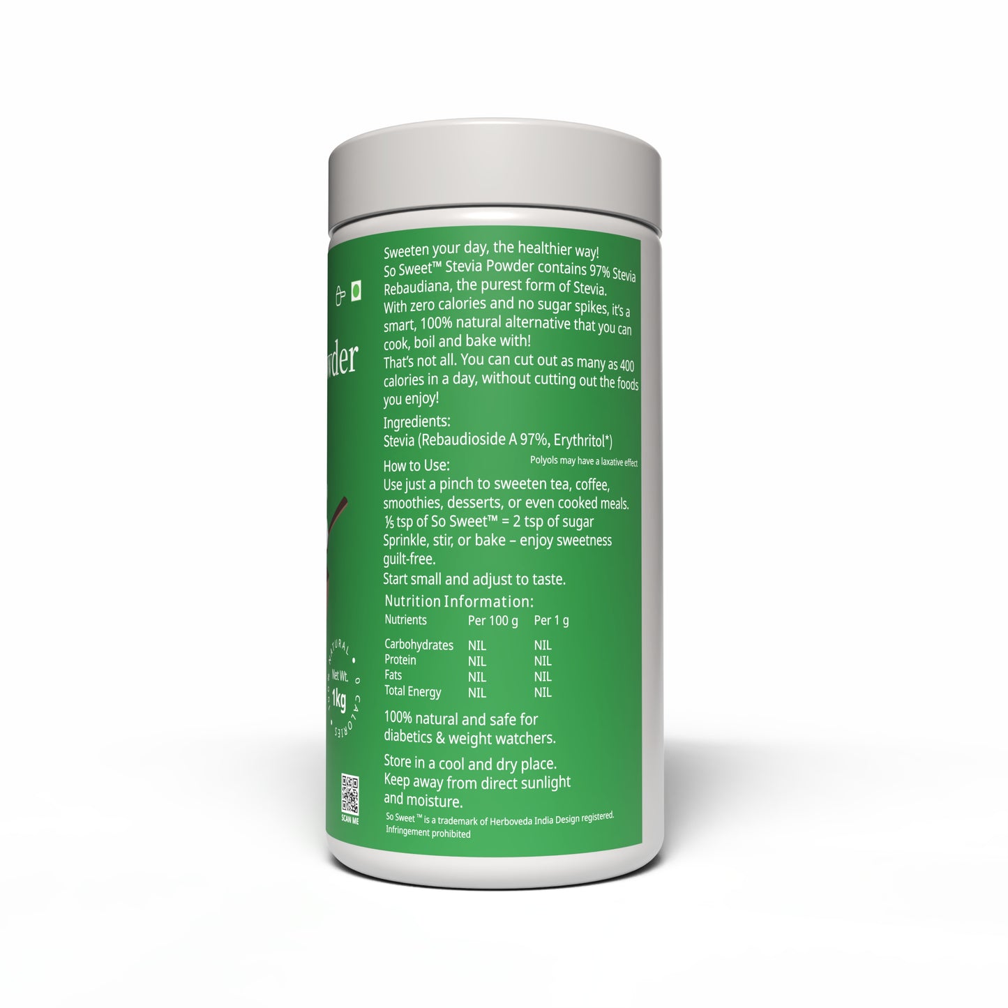 So Sweet Stevia Powder Sugar Free 100% Natural Zero Calorie Sweetener 1kg - Diabetic & Keto friendly