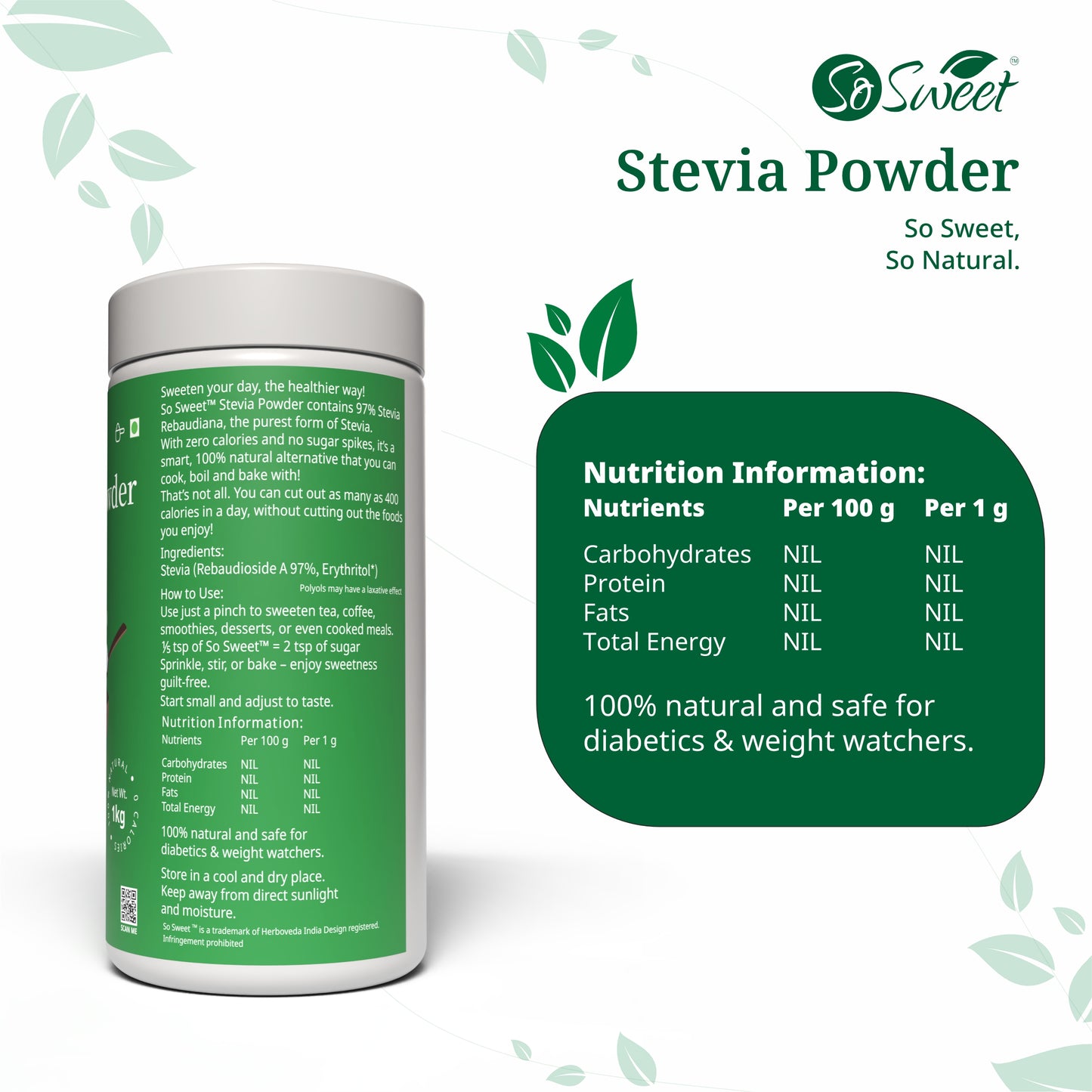 So Sweet Stevia Powder Sugar Free 100% Natural Zero Calorie Sweetener 1kg - Diabetic & Keto friendly