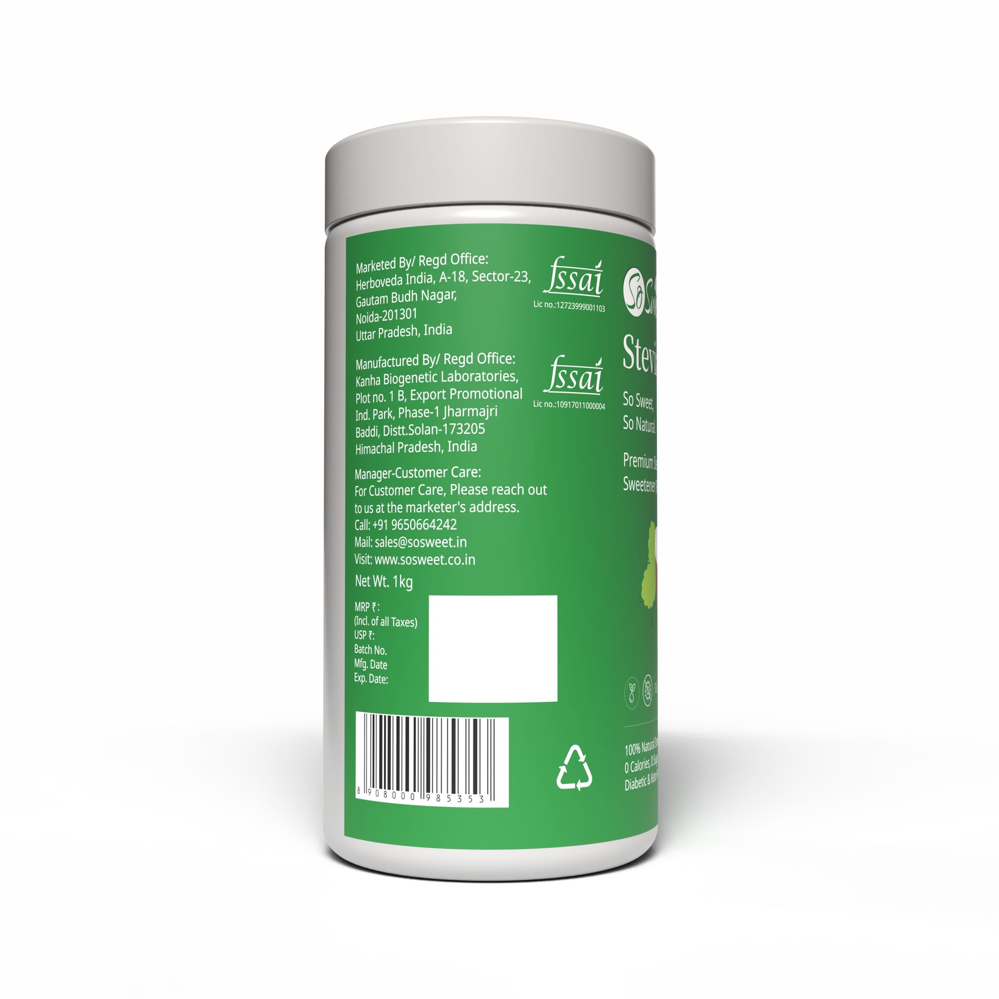 Stevia Powder | Sugar Free100% Natural Sweetener 1kg -Pack of 3-So Sweet