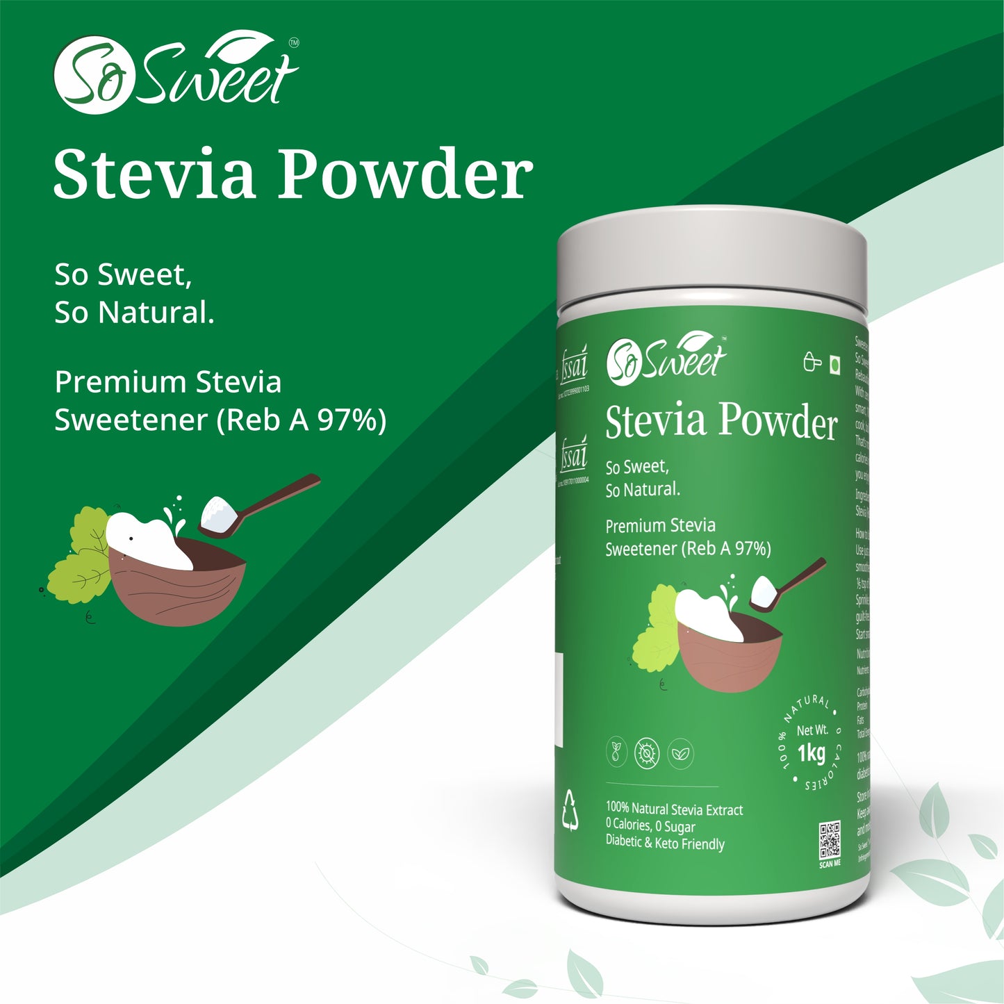 Stevia Powder | Sugar Free100% Natural Sweetener 1kg -Pack of 4-So Sweet