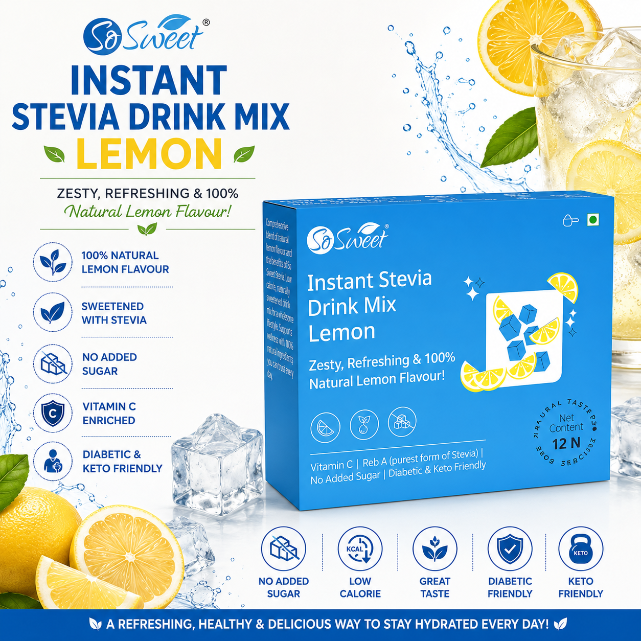 So Sweet Stevia Orange And Lemon Drink Mix Sugar Free | Zero Calories| Enrich with Vitamin C | 12 Sachets
