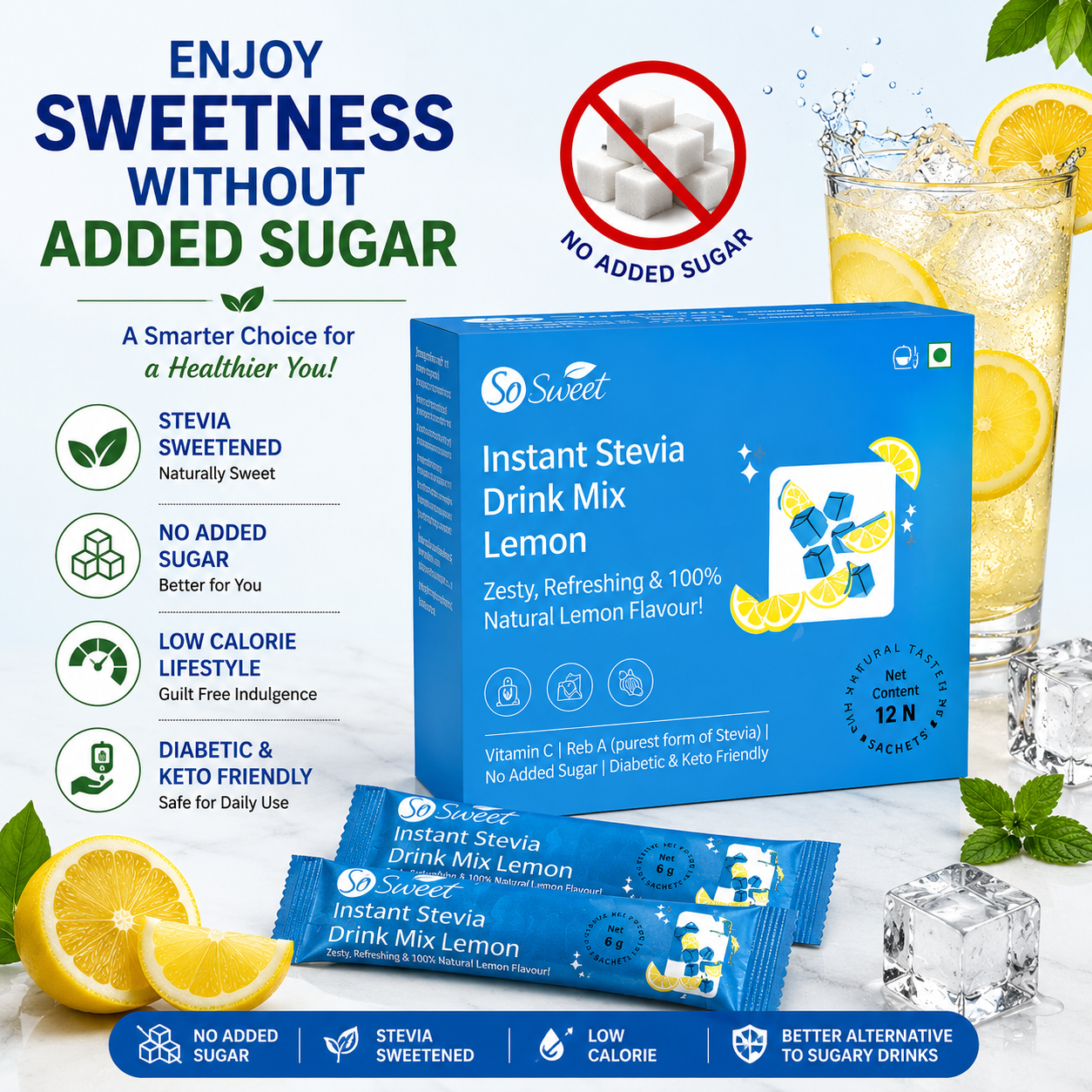  Stevia Lemon Instant Drink Mix – 12 Sachets | Sugar Free Zero Calorie-So Sweet 