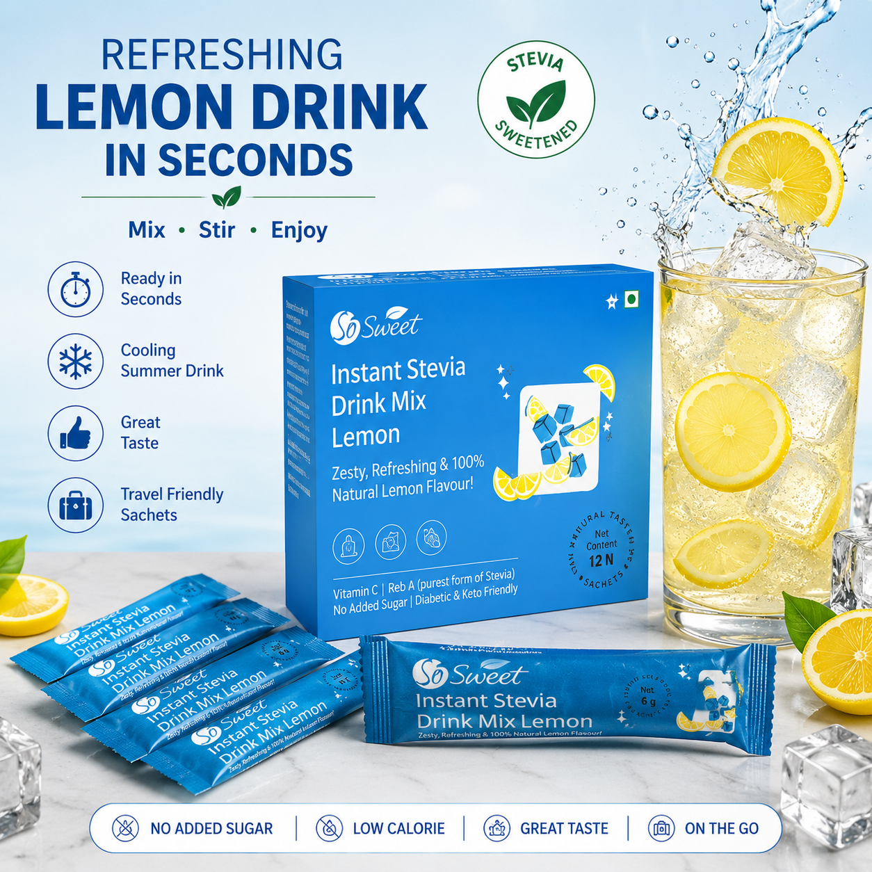  Stevia Lemon Instant Drink Mix – 12 Sachets | Sugar Free Zero Calorie-So Sweet 