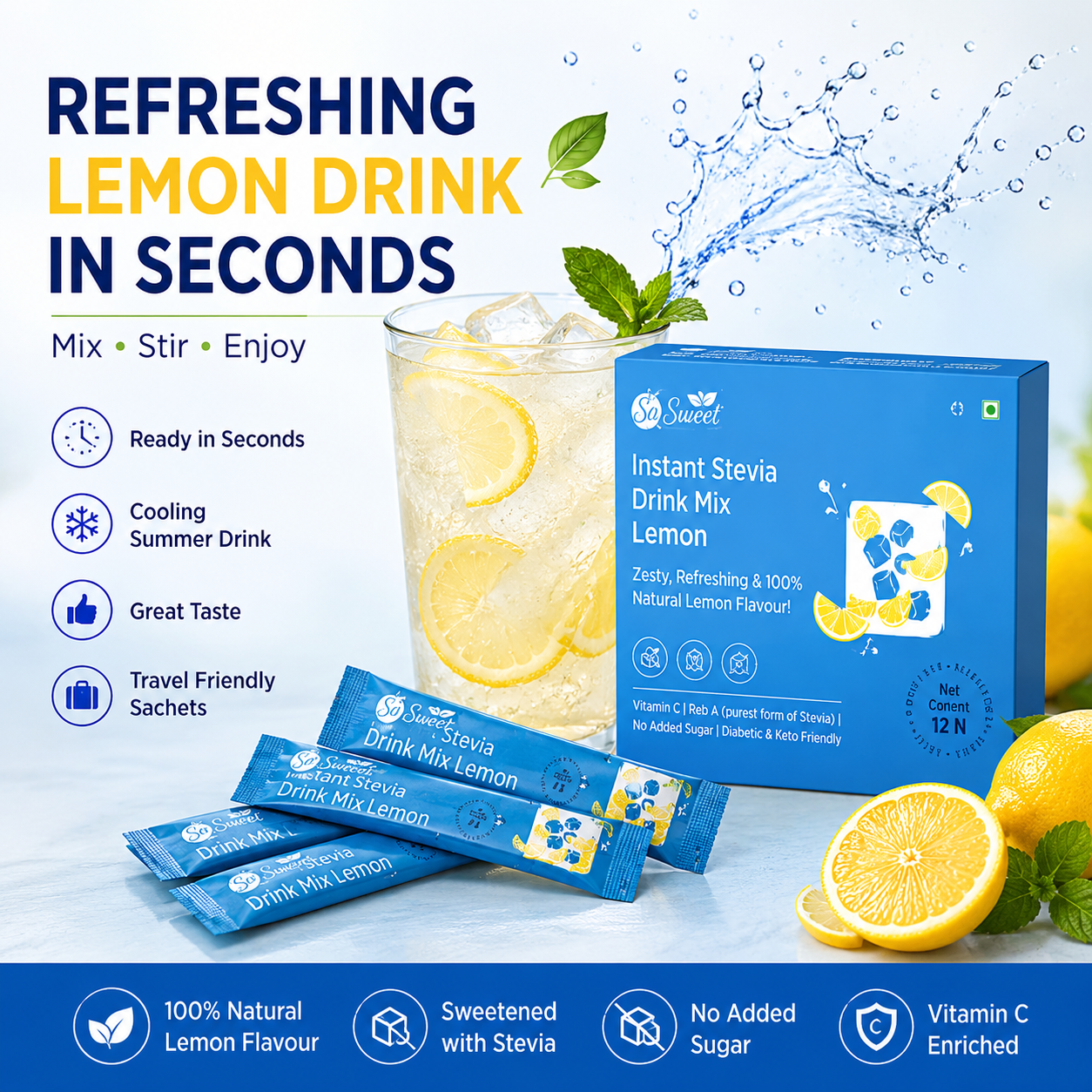 So Sweet Stevia Orange And Lemon Drink Mix Sugar Free | Zero Calories| Enrich with Vitamin C | 12 Sachets
