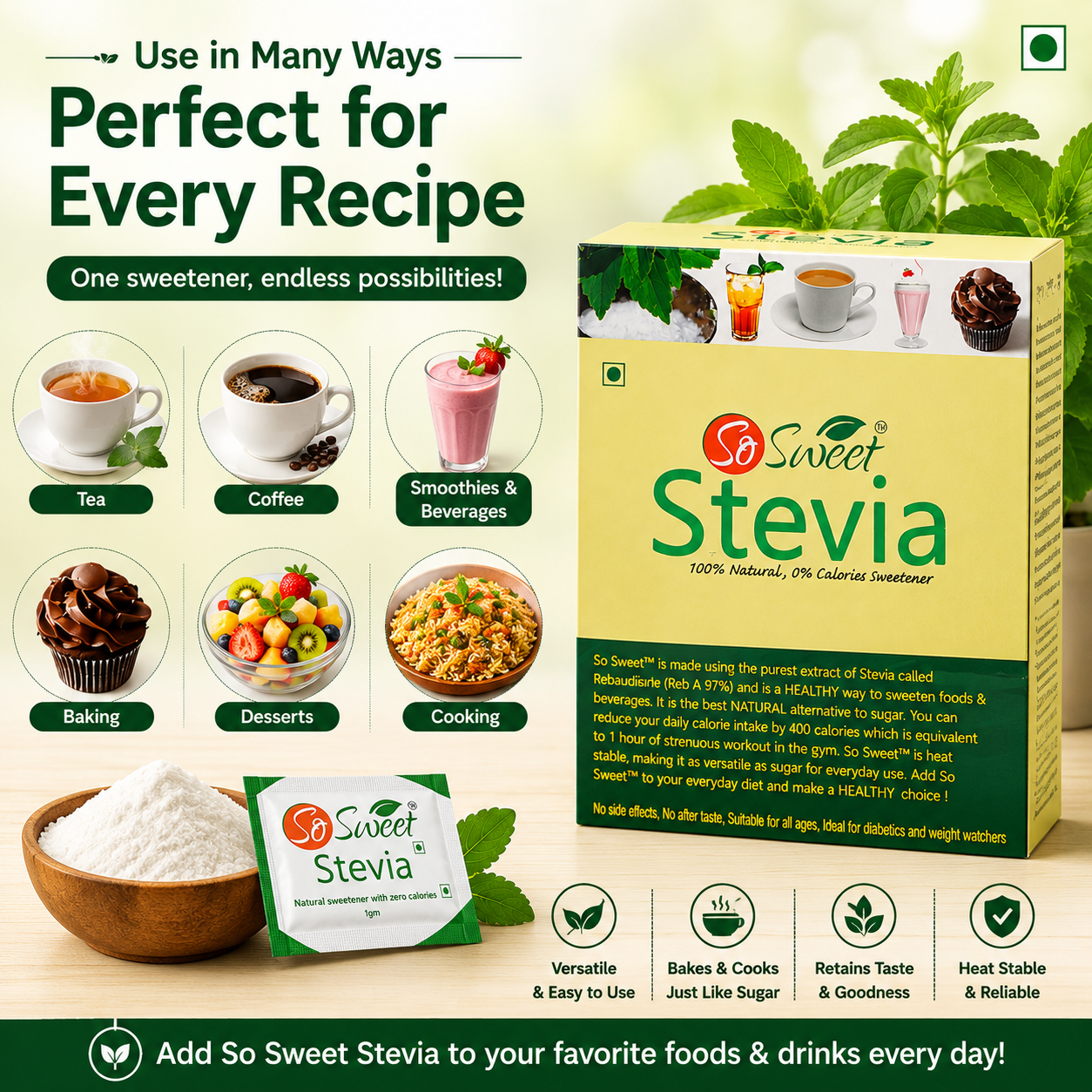  Stevia Sachets Sachets | Zero Calorie Natural Sugar Free Sweetener-So Sweet 
