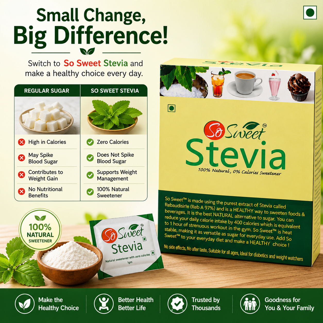  Stevia Sachets Sachets | Zero Calorie Natural Sugar Free Sweetener-So Sweet 
