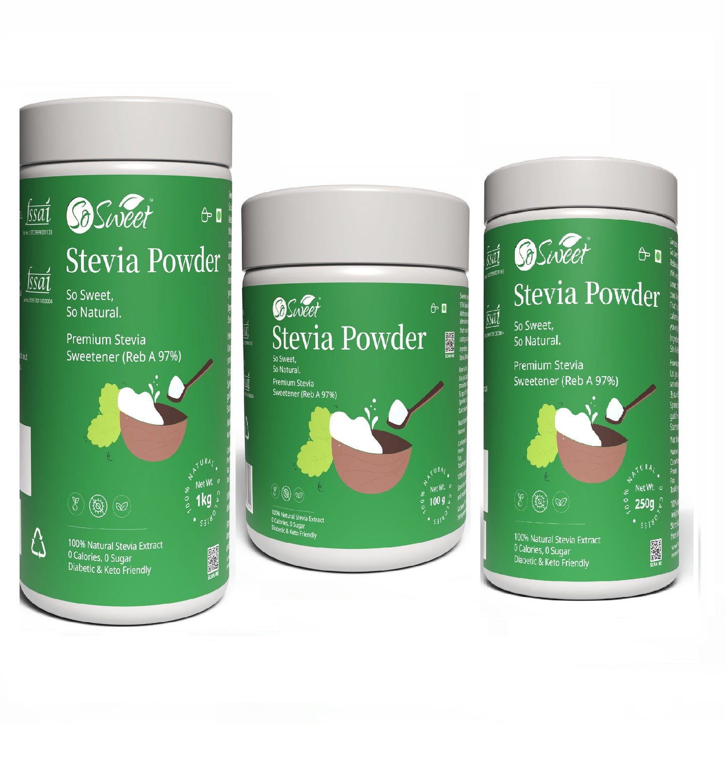 So Sweet Stevia Sugar free Powder Natural Sweetener Combo (1kg+ 100gm+ 250gm)