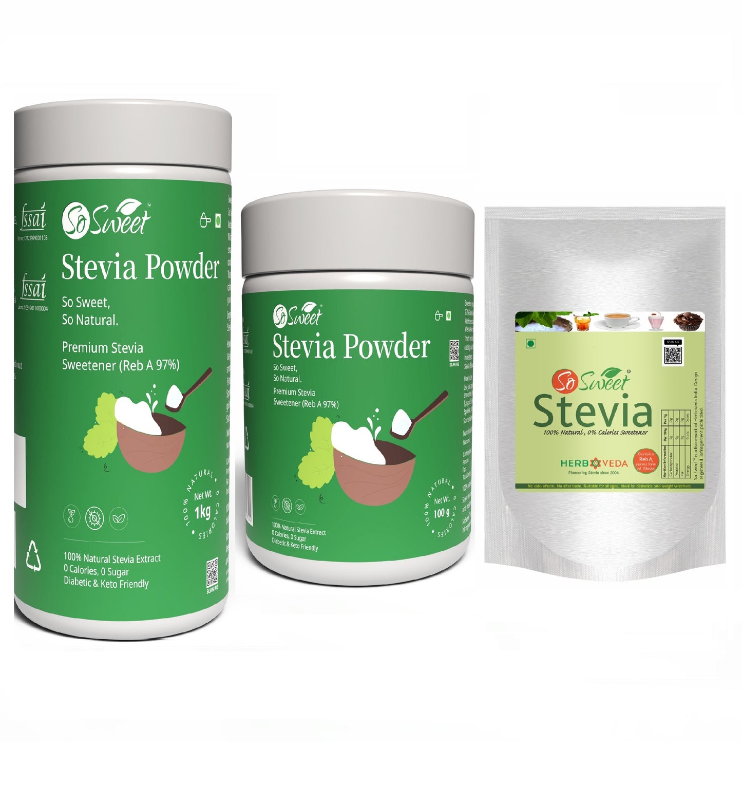 So Sweet Stevia Sugar free Powder Natural Sweetener Combo (1kg+ 100gm+ 250gm)