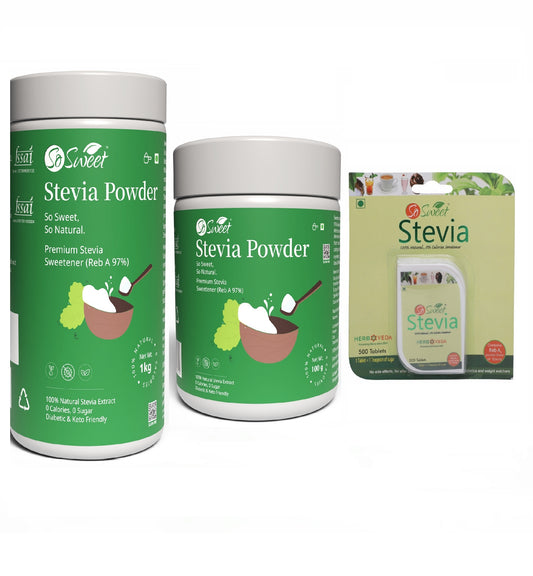 So Sweet Stevia Combo (1kg, 250gm, 500Tablets) Zero Calorie Natural Sweetener (Pack of 3)