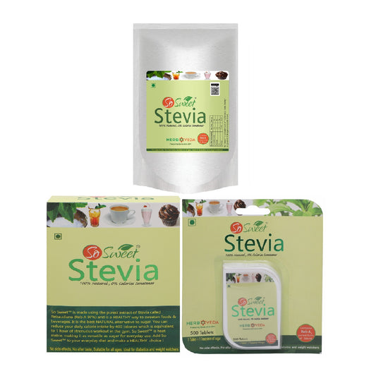 So Sweet Stevia Combo (250gm, 50 Sachets, 500 Stevia Tablets) Natural Sweetener