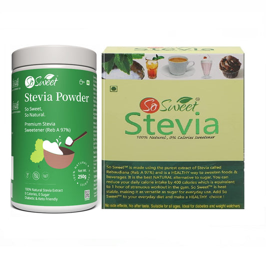 So Sweet Stevia (250gm+ 50 Stevia Sachets) Zero Calorie Natural Sweetener (Pack of 2)