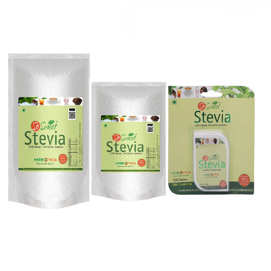 So Sweet Stevia Combo (1kg, 250gm, 500Tablets) Zero Calorie Natural Sweetener (Pack of 3)