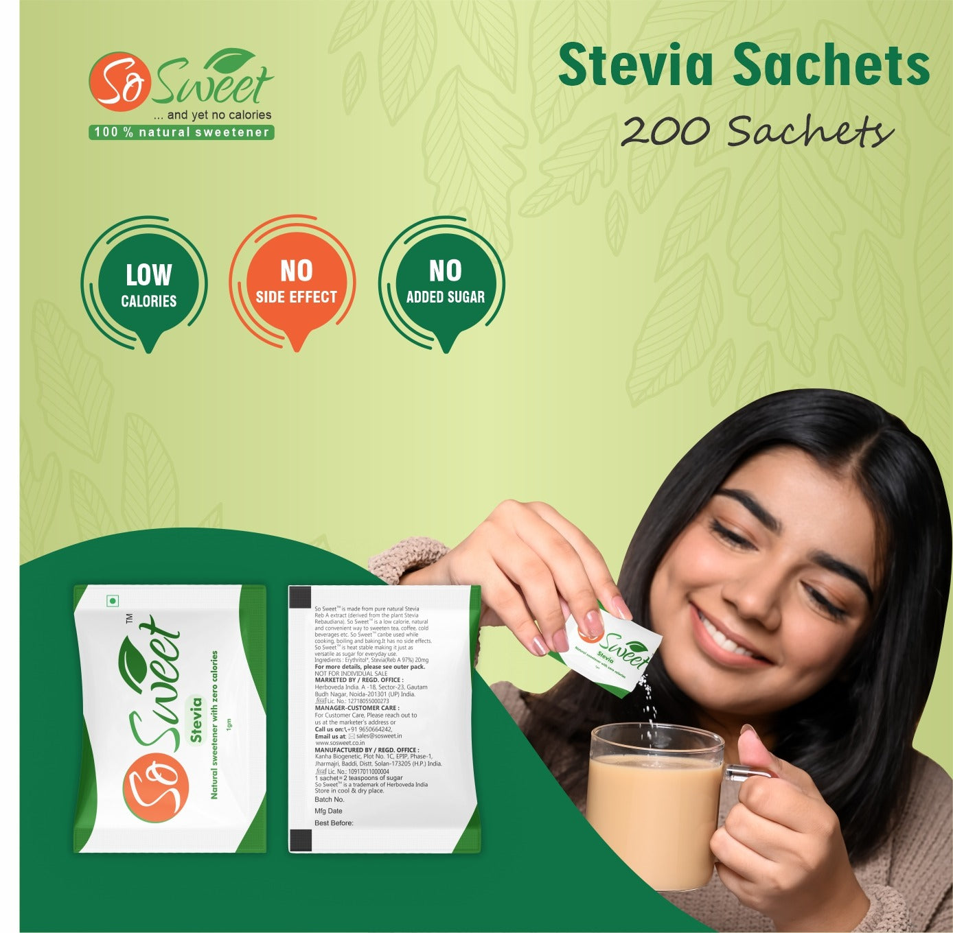 So Sweet Stevia Sachets Sugar Free Natural Low Calorie Sweetener - 200 Sachets