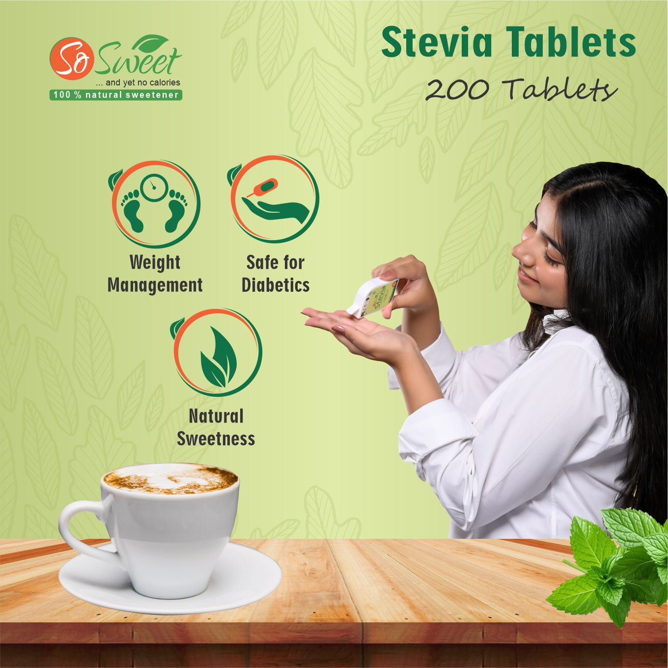 So Sweet Stevia Tablet -200 Sugar Free Natural Zero Calorie Sweetener-Pack of 4